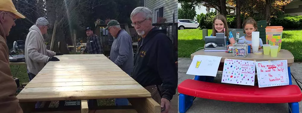 Lions Club members build a ramp and separate picture of two girls selling lemonade