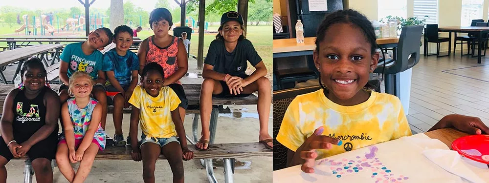 Kids at summer camp and a smiling child fingerpainting