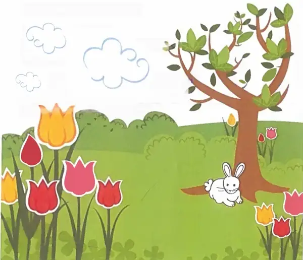 Cute illustration of a tree, tulips and a bunny.